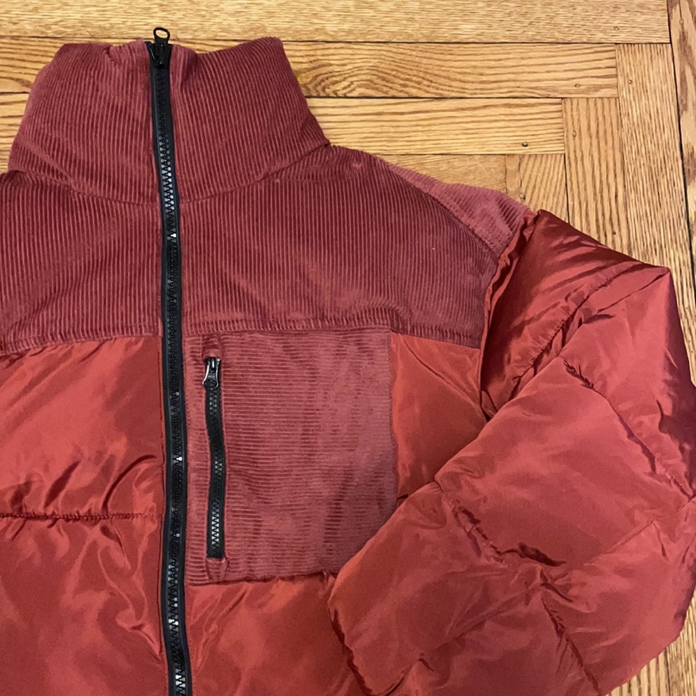 Rust Pastel Red Corduroy Trim Puffer Quilted Coat Jacket